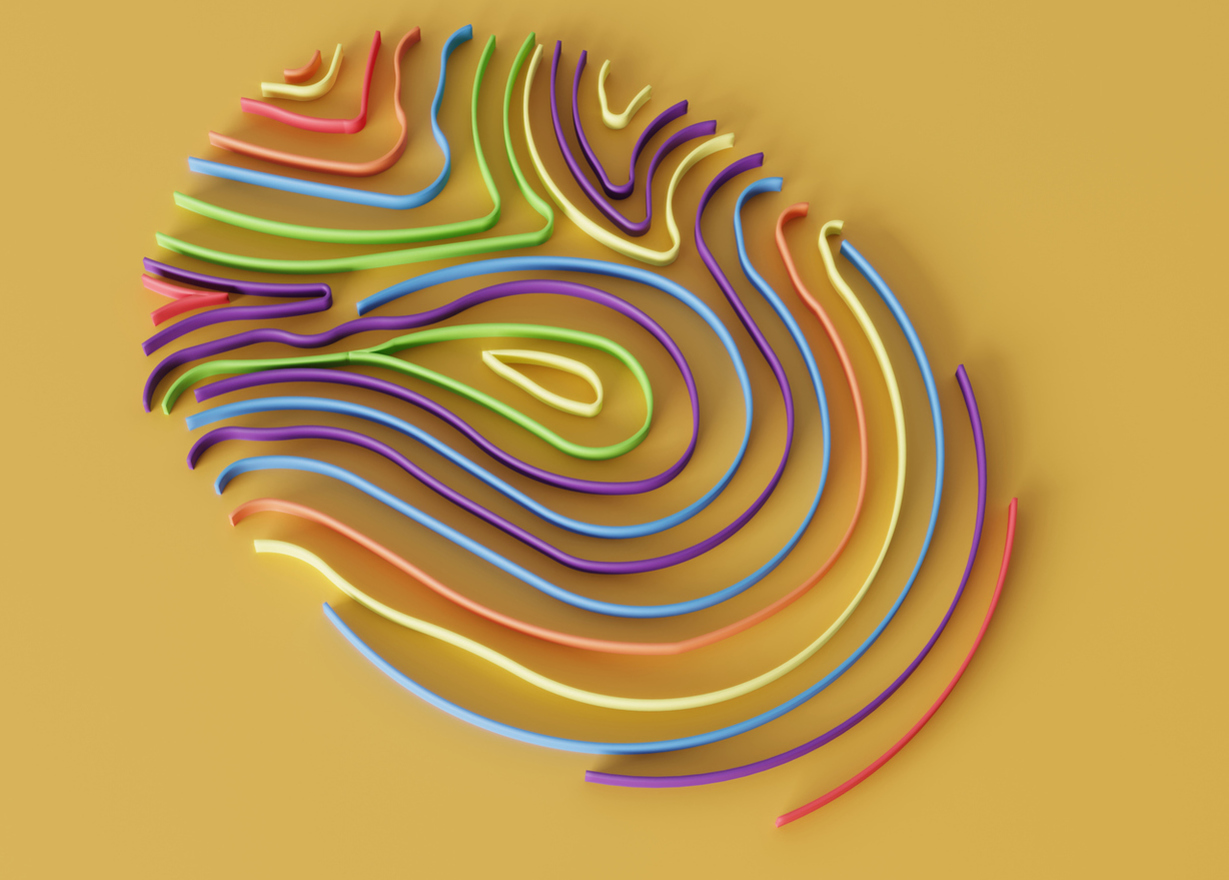 A fingerprint made out of colourful strips on a yellow background