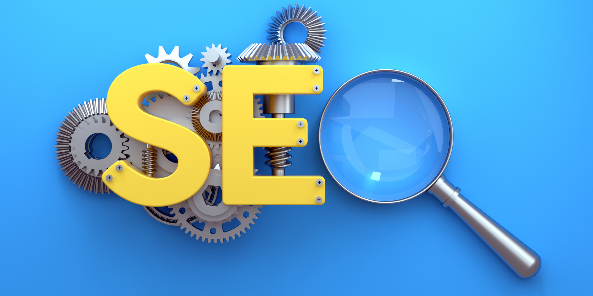 Search engine optimisation with a magnifying glass and cogs working together