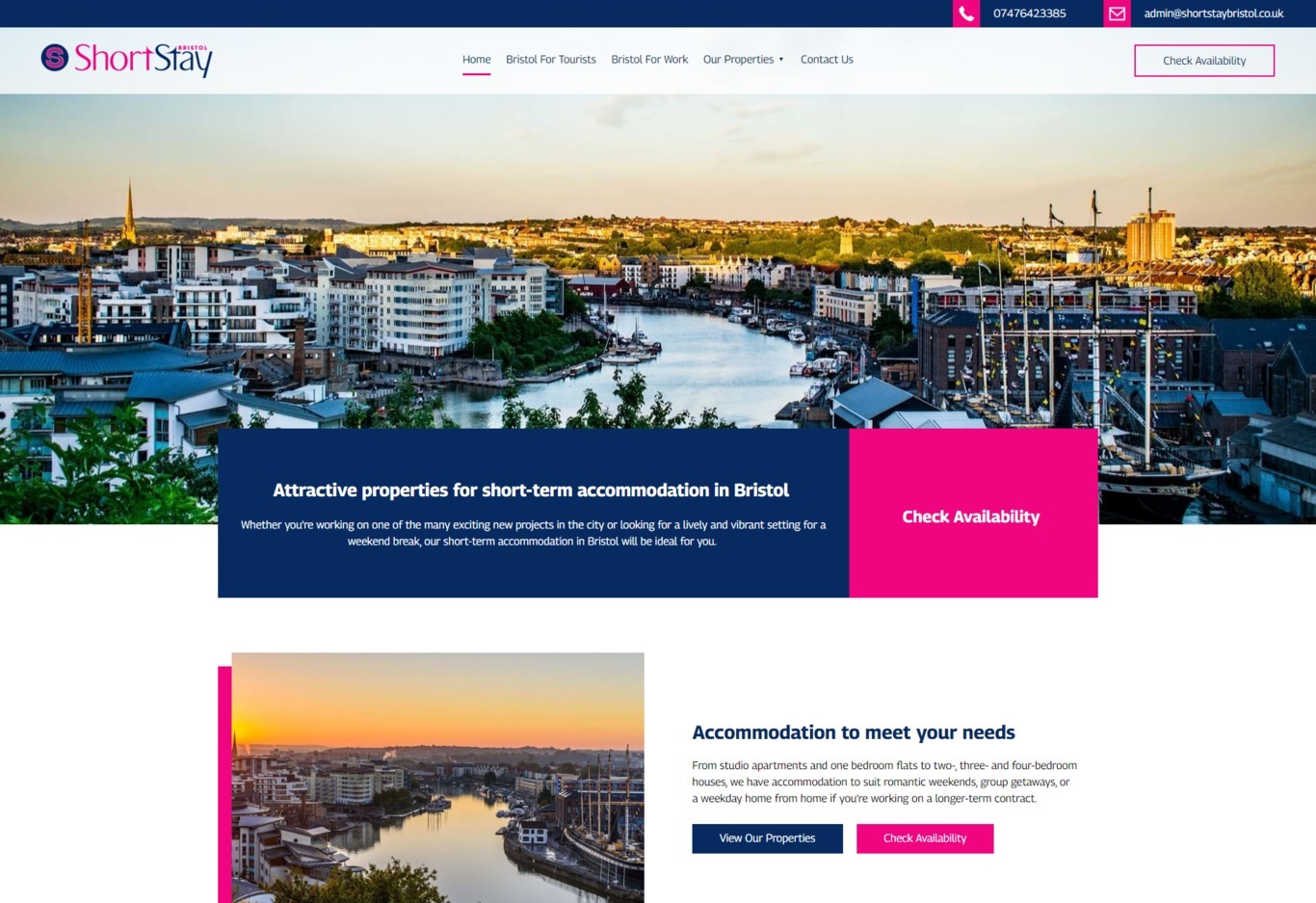 A website design for ShortStay Bristol shown on a desktop screen size