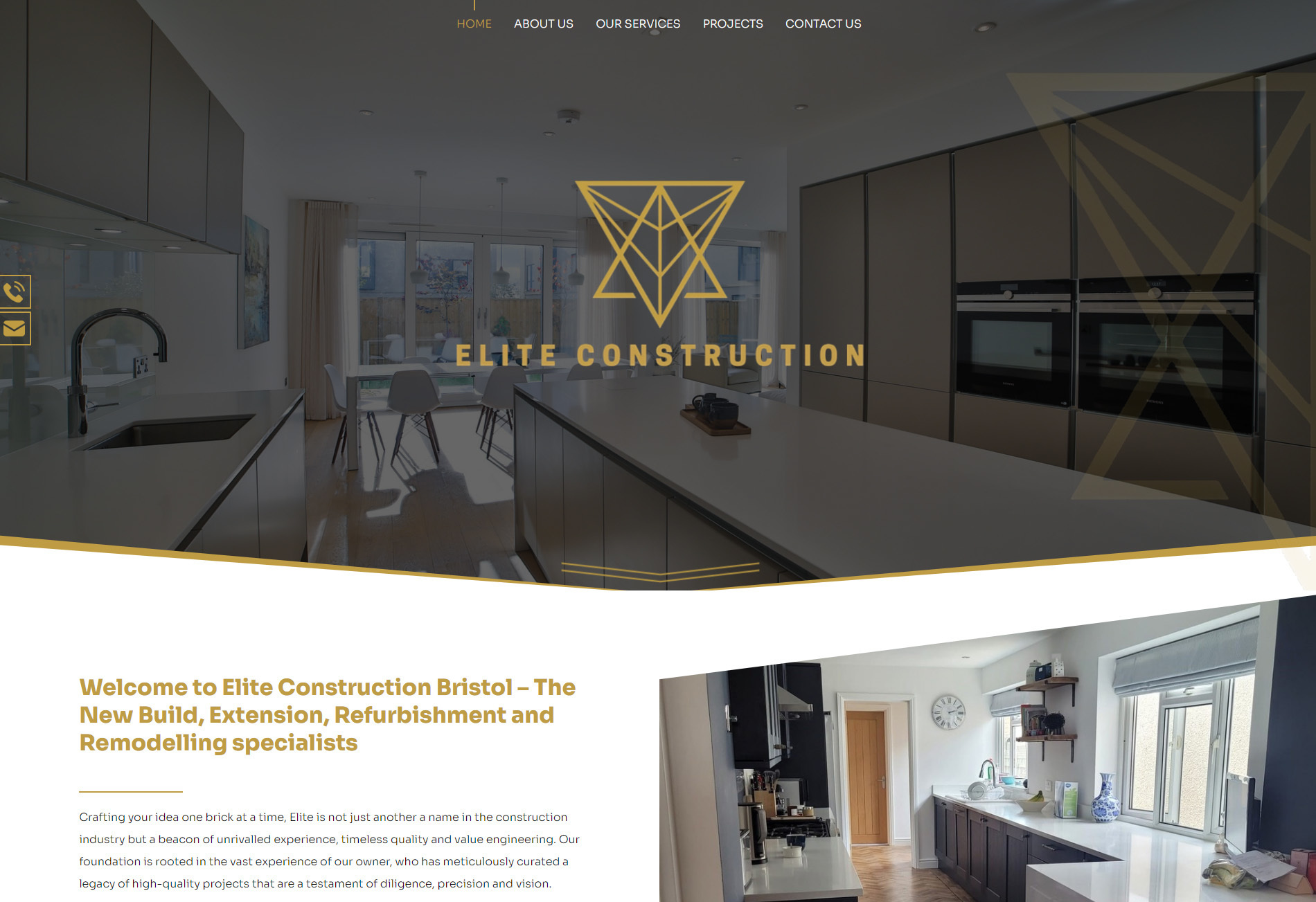 A website design for Elite Construction shown on a desktop screen size